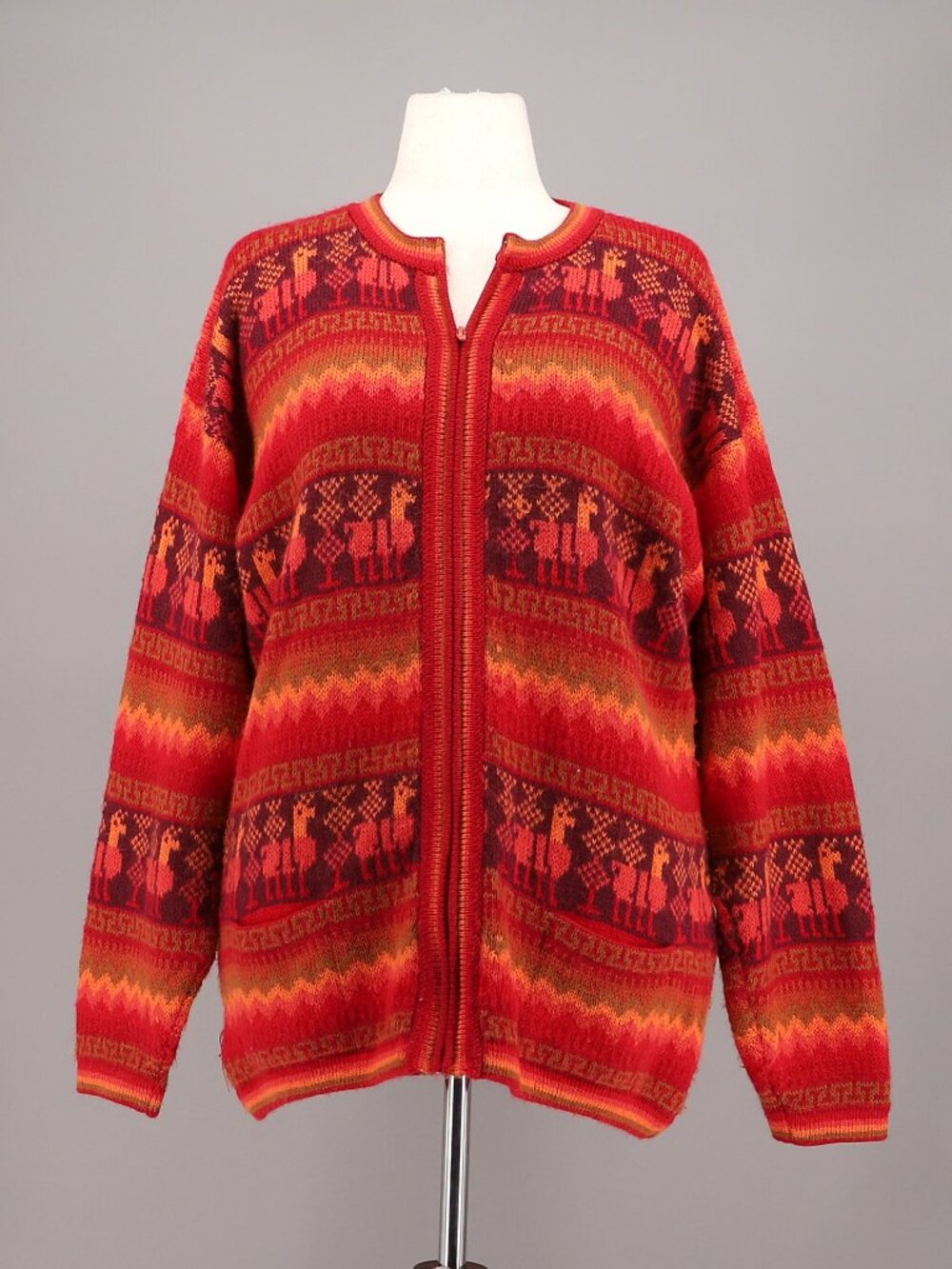 PAHUART SRL Alpaca Blend Full Zip Cardigan Sweater Red Orange w/Pockets